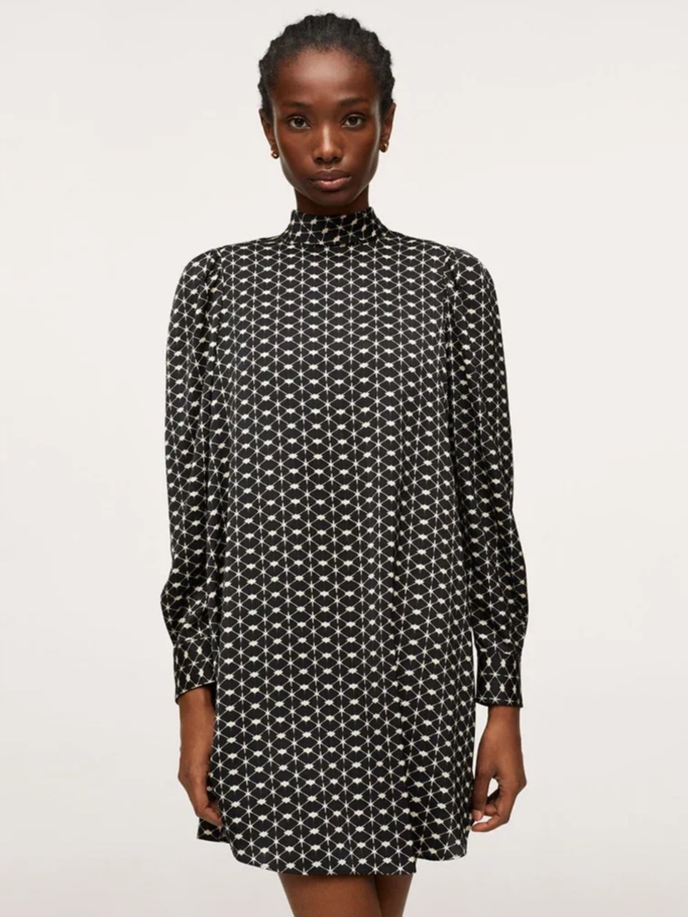 NWOT Mango Black & White Geometric Print Cute Long Sleeve Mini Dress — Size 4
